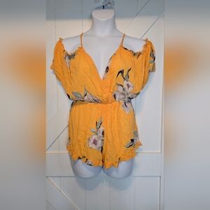 Topshop S Yellow Floral Cold Shoulder Tie-Back Boho Romper Tropical Vibes